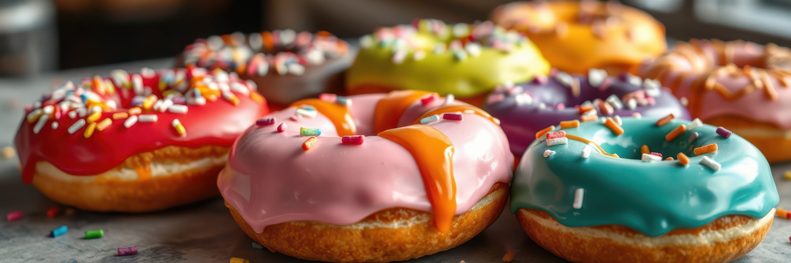 Colorful donuts with vibrant toppings displayed on a table, enticing sweet treats for dessert enthusiasts